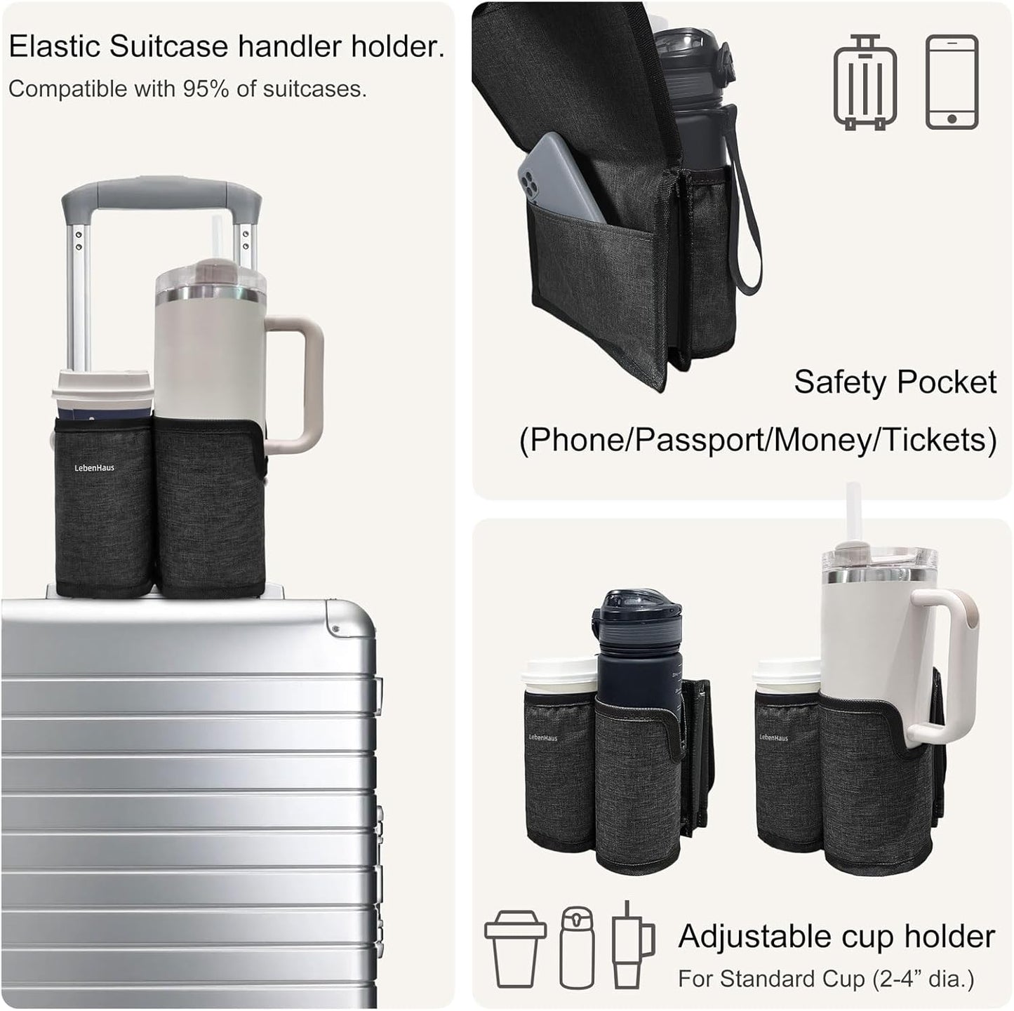 2 in 1 Luggage Cup Holder for Suitcase Airplane Cup Holder for Tray Table Drink Carrier for Stanley Tumblers Coffee Beverage Organizer Luggage Drink Holder Travel Gifts for Women (Gray)