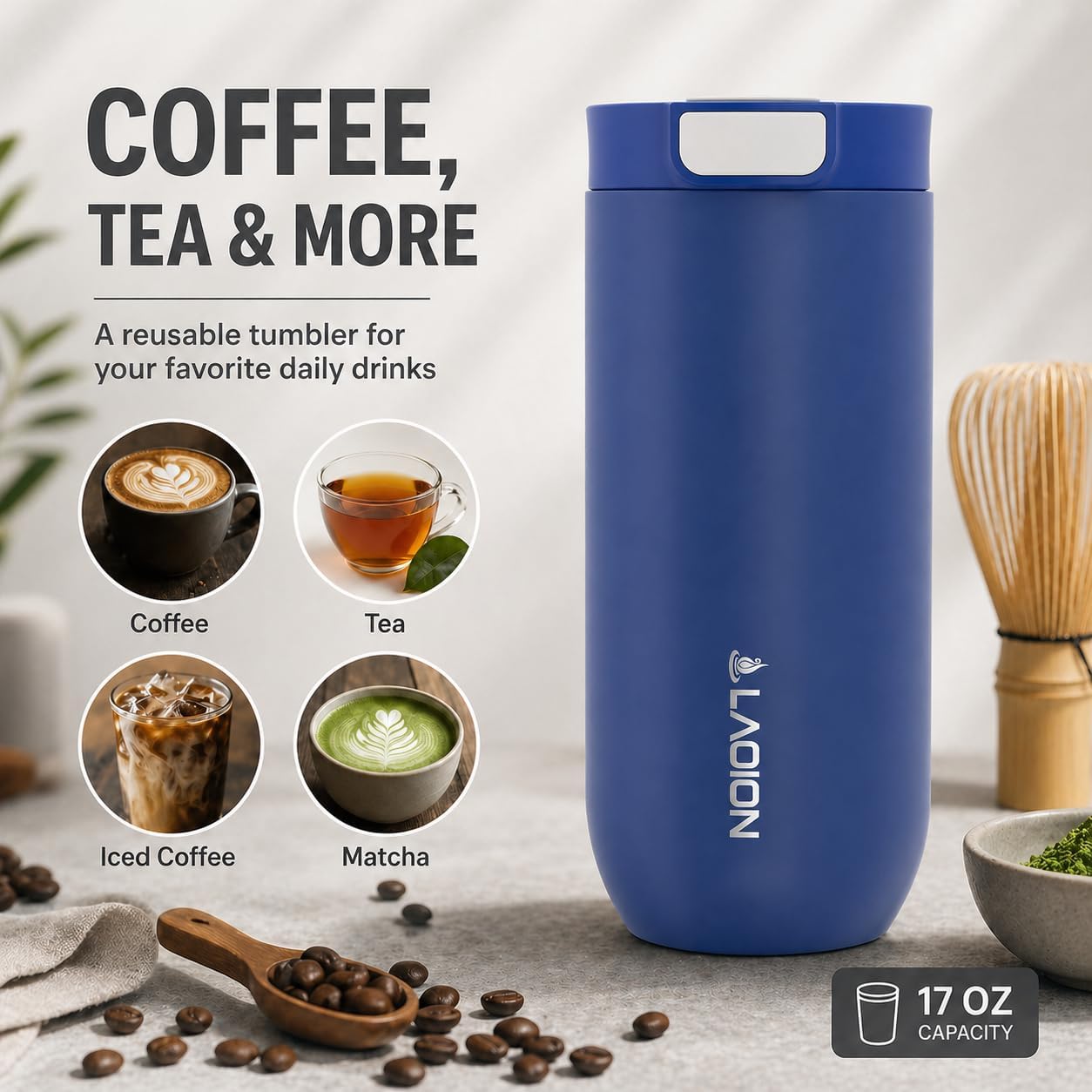 LAOION 17 oz Insulated Coffee Tumbler, Stainless Steel Travel Coffee Mug with Slider Lid, Reusable Iced Coffee Cup for Office, Car, Commute, Gray