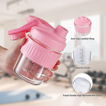 16oz Glass Shaker Bottle for Protein, Small Borosilicate Glass Protein Powder Leak-Proof Shaker Cup Mixes with 304 Blending Ball(16oz,Black)