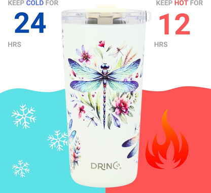 Drinco - 20 oz Stainless Steel Tumbler | Double Walled Vacuum Insulated Mug With Lid, 2 Straws, For Hot & Cold Drinks (20oz Dragonfly)