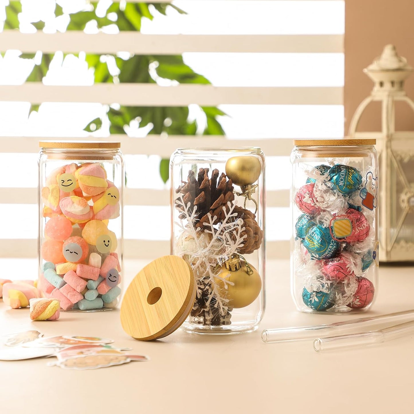 Drinking Glasses with Bamboo Lids and Glass Straw 4pcs Set - 16oz Glass Cups, Iced Coffee Glasses, Cute iced Tea Glasses, Beer Glasses, Ideal for Coffee Bar Accessories, Aesthetic Gift - 2 Brushes
