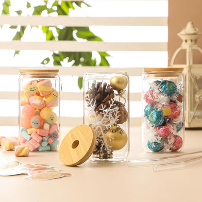 Drinking Glasses with Bamboo Lids and Glass Straw 4pcs Set - 16oz Glass Cups, Iced Coffee Glasses, Cute iced Tea Glasses, Beer Glasses, Ideal for Coffee Bar Accessories, Aesthetic Gift - 2 Brushes