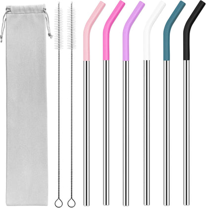 40 oz Stainless Metal Straws for 40 oz Stanley Tumbler, 6Pcs Reusable Straight Long Steel Straws with 12 Silicone Tips and 2 Straw Cleaning Brushes (6Color1, 40oz)