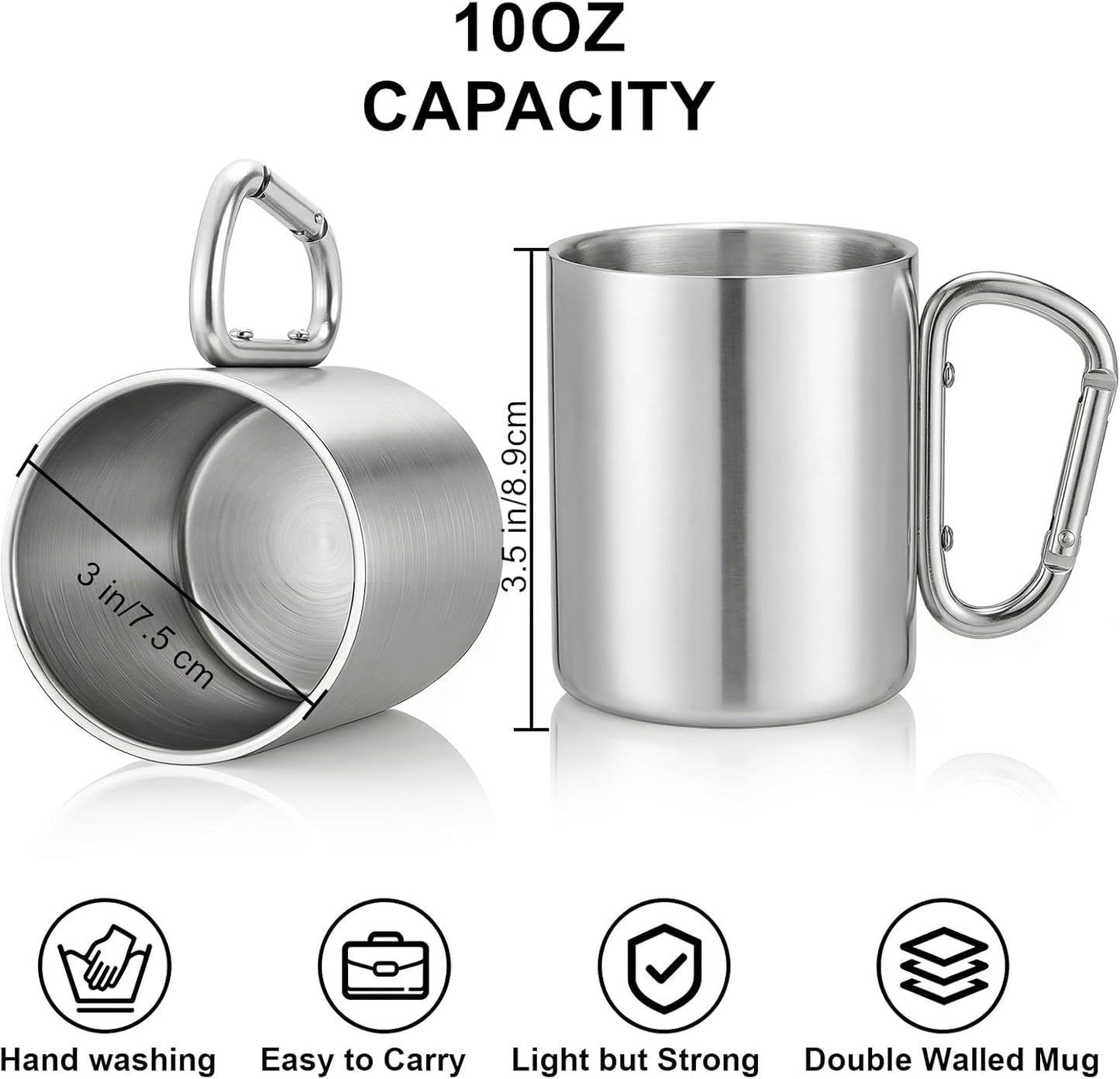 Tebery 2 Pack Stainless Steel Coffee Mugs with Handles 10OZ Double Walled Travel Water Tea Coffee Cups for Backpacking, Camping & Hiking