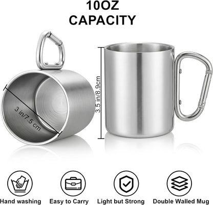 Tebery 2 Pack Stainless Steel Coffee Mugs with Handles 10OZ Double Walled Travel Water Tea Coffee Cups for Backpacking, Camping & Hiking