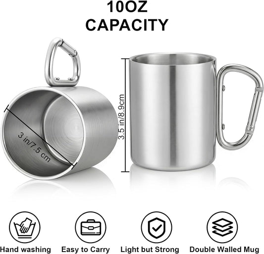 Tebery 2 Pack Stainless Steel Coffee Mugs with Handles 10OZ Double Walled Travel Water Tea Coffee Cups for Backpacking, Camping & Hiking