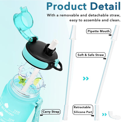 Enerbone Water Bottle, Leakproof BPA & Toxic Free, Motivational Water Bottle with Times to Drink and Straw, Fitness Sports Water Bottle with Strap for Office, Gym, Outdoor Sports