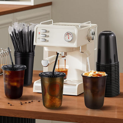 tchrules 100 Set 16oz Plastic Cups with Lids and Straws, Disposable Clear Iced Coffee Cup with Lid, Round Bottom Plastic To Go Cups for Cold Drinks Slushie Smoothie Lemonade Matcha Party Shop Supplies