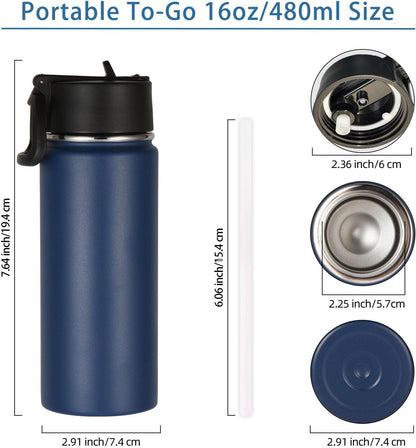Volhoply 16 OZ Kids Water Bottle Bulk 8 Pack,Insulated Sports Bottles with Straw Lid,Stainless Steel Bottle with Handle Keep Cold & Hot,Double Wall Vacuum Tumbler Cups for School(Eight Color, 8)