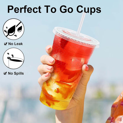 Clawsoff 100 Pack 20 oz Disposable Clear Plastic Cups with Lids and Straws, Leak-Proof Sturdy Cold Drink Cups for Iced Coffee, Smoothies, Juice, Parties & Business