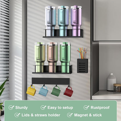 POLRAI 2 Pack Magnetic Stanley Cup Holder for Fridge, Water Bottle Organizer for Tumbler with Double Sided Tape Hold Stanley Cup Accessories for Kitchen Cabinet Wall