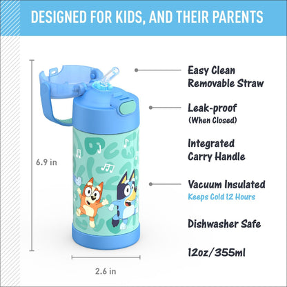 THERMOS FUNTAINER Water Bottle with Straw - 12 Ounce - Kids Stainless Steel Vacuum Insulated Water Bottle with Lid, Bluey - Colors B