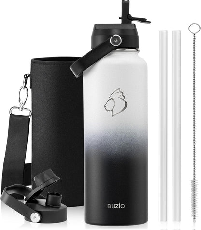BUZIO 40oz Insulated Water Bottle, Triple Wall Vacuum Stainless Steel Water Flask with 2 lids, Lead-Free BPA-Free Straw Lid Sports Canteen Jug, Cold 48H & Hot 24H- Black - Colors A