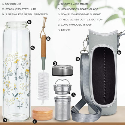 32oz Borosilicate Glass Water Bottle with Tea Infuser, Tea Tumbler with Strainer, Reusable Travel Mug with Sleeve & 2 Lids, Glass Drinking Bottle for Hot or Cold Drinks