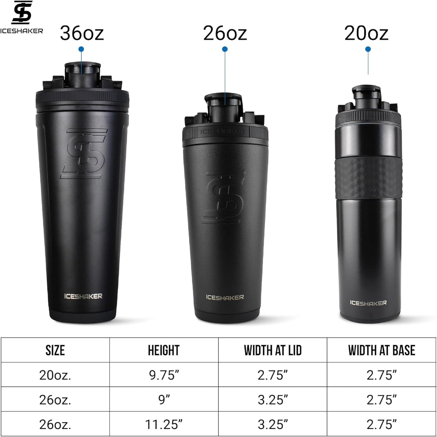 Ice Shaker Insulated Stainless Steel Shaker Bottle | 26oz, Black | Cold for 30+ Hours | Insulated Cup with Twist-on Agitator | Odor-Free Bottle for Protein Shakes, Water, Smoothies, Cocktails
