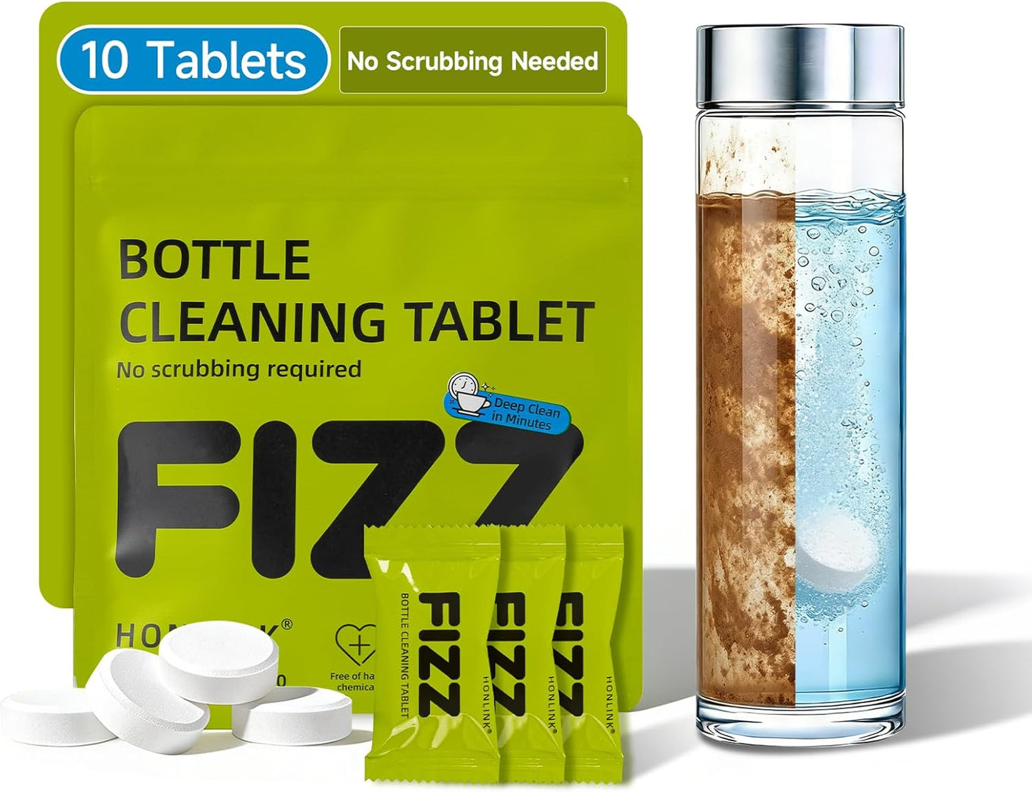 Bottle Cleaning Tablets for Water Bottles, Tumblers & Straws – No Scrubbing Cleaner Tablets Remove Odor & Residue for Insulated Bottles, Protein Shakers, Coffee Cups & Lids, 10 Count