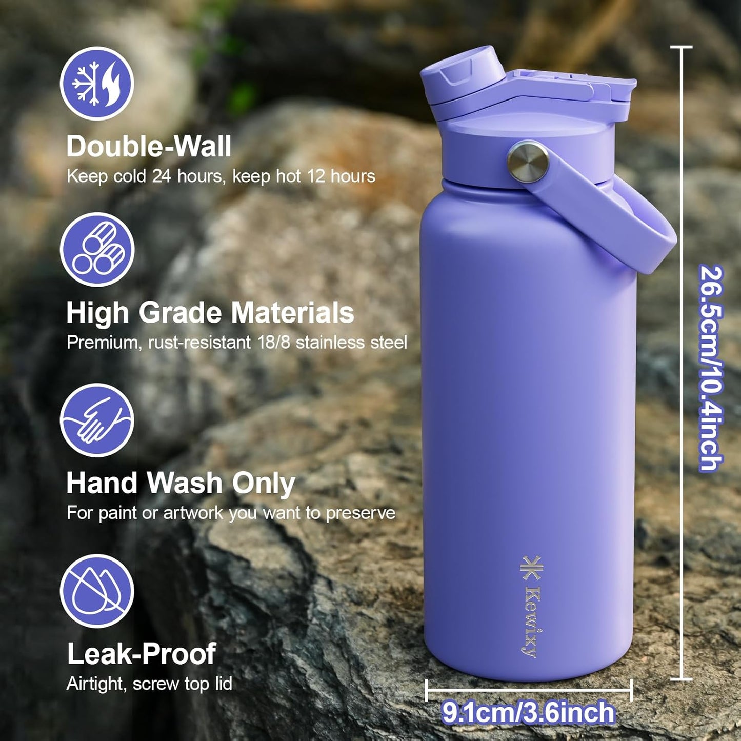 KEWIXY 32 oz Insulated Water Bottle, 2-in-1 Lid, Straw & Spout with Protected, Leak Proof, Keep Cold, Stainless Steel, Metal, Reusable, Handle, for Outdoor, Gym and School, 2 Lids, Blush Pink