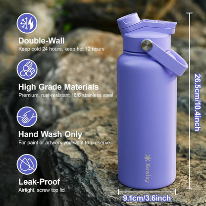 KEWIXY 32 oz Insulated Water Bottle, 2-in-1 Lid, Straw & Spout with Protected, Leak Proof, Keep Cold, Stainless Steel, Metal, Reusable, Handle, for Outdoor, Gym and School, 2 Lids, Blush Pink