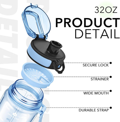 32oz Water Bottle with Time Marker, Motivational Drinking Bottle with Strap, BPA-Free Leak-Proof, Encouraging Water Bottle Time to Drink Water for Gym School Office Travel