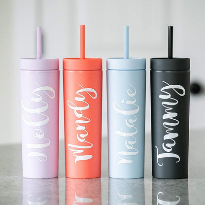 STRATA CUPS Perwinkle Skinny Tumblers with Lids and Straws (4 pack), 16oz Matte Pastel Colored Acrylic Tumblers with Lids and Straws, Double Wall Skinny Tumbler Bulk, Reusable Cup with Straw Cleaner