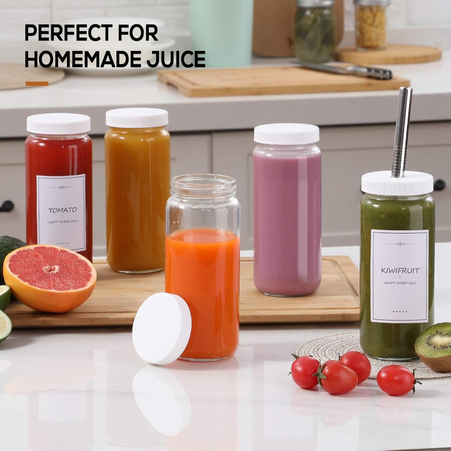 8 Pack 16OZ Glass Juice Bottles with 8 Airtight Lids & 2 Straw Lids & 2 Straws - Freezable Juice Container, Travel Juicing Jars, Drinking Water Cups - Reusable Tall Mason Jar for Tea, Juice, Smoothies