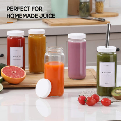 8 Pack 16OZ Glass Juice Bottles with 8 Airtight Lids & 2 Straw Lids & 2 Straws - Freezable Juice Container, Travel Juicing Jars, Drinking Water Cups - Reusable Tall Mason Jar for Tea, Juice, Smoothies