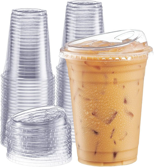 GUSTO Clear Plastic Cups with Lids [24 oz - 100 Count - Disposable Iced Coffee Drink Cups with Strawless Sip Lids for Smoothies, Juices, and More - (Formerly Comfy Package)