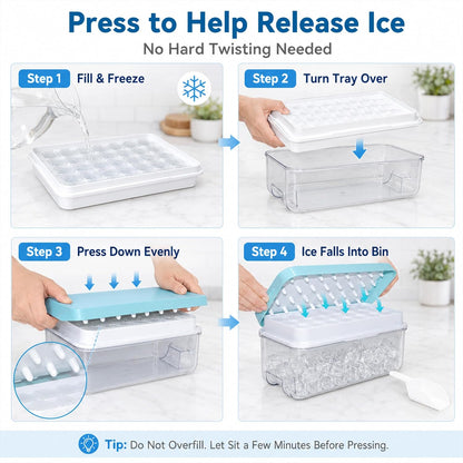 Ice Trays for Freezer with Lid & Bin, Ice Cube Tray Making 64 pcs Ice Cubes, Easy Press to Release Ice, Ice Tray with Storage Bin Chilling Cocktail Whiskey Coffee 2 Trays 1 Ice Bucket & Scoop (Black)