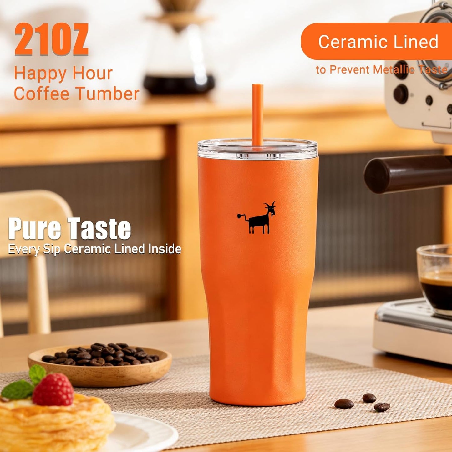 CHEERFUL GOAT Ceramic Lined Coffee Travel Tumbler - Stainless Steel Travel Mug with Ceramic Liner and Lid, 21 OZ Cup for Hot and Cold Beverages at Home or on the Go (Latte Ombre)