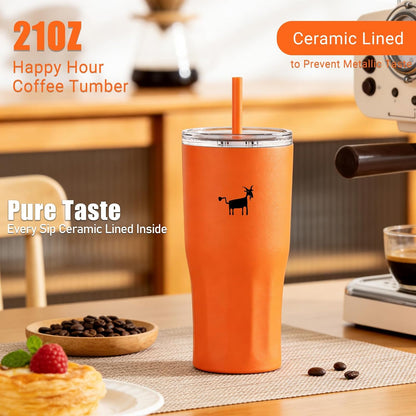 CHEERFUL GOAT Ceramic Lined Coffee Travel Tumbler - Stainless Steel Travel Mug with Ceramic Liner and Lid, 21 OZ Cup for Hot and Cold Beverages at Home or on the Go (Latte Ombre)
