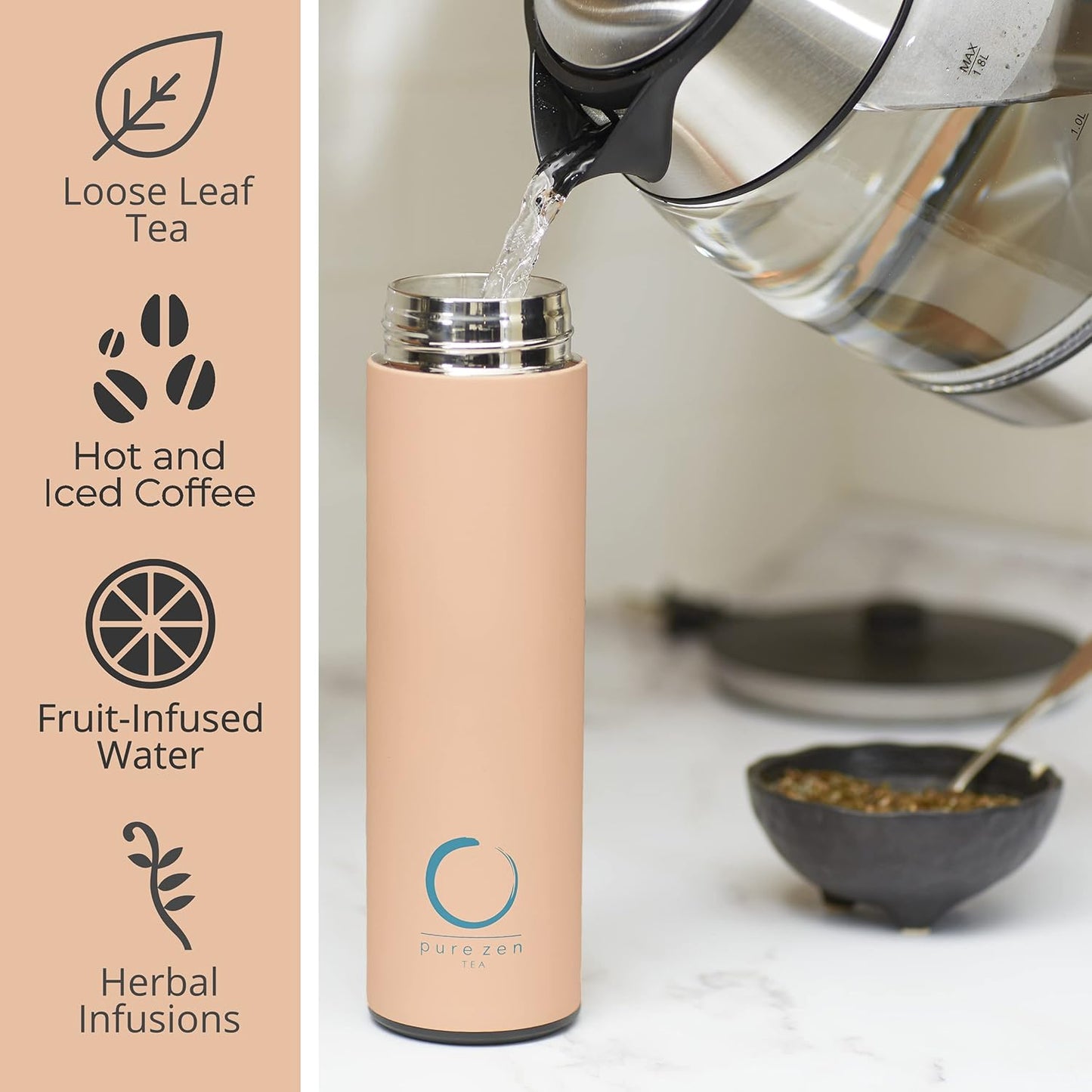 Pure Zen Tea Thermos with Infuser for Hot and Cold Infusions - Stainless Steel - Tea Infuser Bottle - Leakproof Travel Mug with Filter - 15oz - Blue
