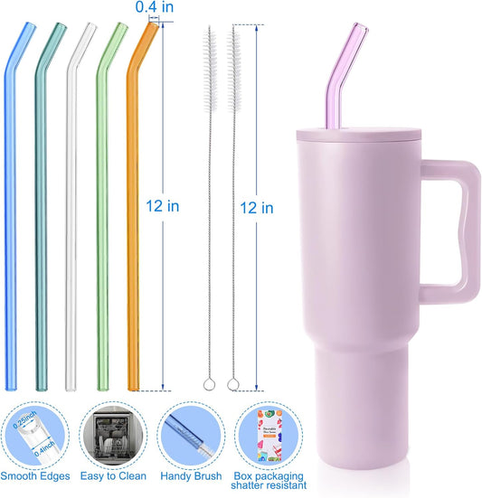 Replacement Glass Straws for Stanley 40 30 oz Tumbler - 12" x 10mm Reusable Glass Straw Shatter Resistant for Simple Modern, 6 Bent Colorful Straws with 2 Cleaning Brushes for Stanley Cup Accessories
