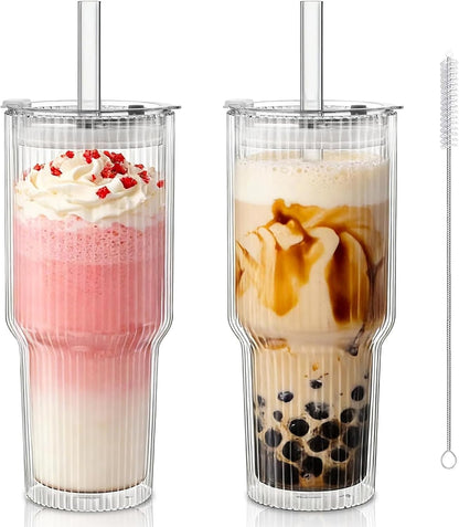 KEMORELA 28 oz Double Wall Glass Tumblers Set of 2, Extra-Wide 13mm Reusable Drinking Straws, Boba Tumbler, Wide-Mouth Water Cups for Iced Coffee, Smoothies, Boba & Tea Lovers (Clear)