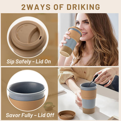 Nucookery Ceramic Travel Coffee Mug Set, Coffee Tumbler with Silicone Lid and Non-Slip Sleeve, Unique To Go Mug, Gifts for Women & Men, Microwave Safe Cappuccino, Tea, Latte, Iced-Coffee Cups, White