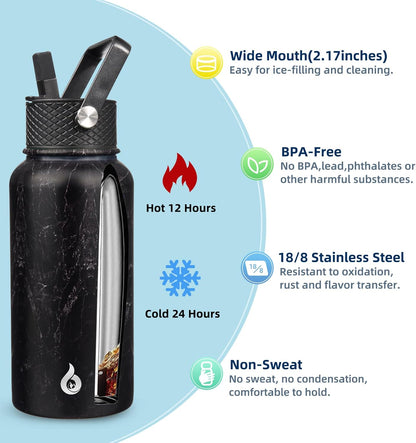 BJPKPK Insulated Water Bottles with Straw Lid, 40oz Stainless Steel Water Bottles with 3 Lids, BPA Free Leakproof Thermo, Tumblers, Cups for Sports, Gym- Midnight - Colors B