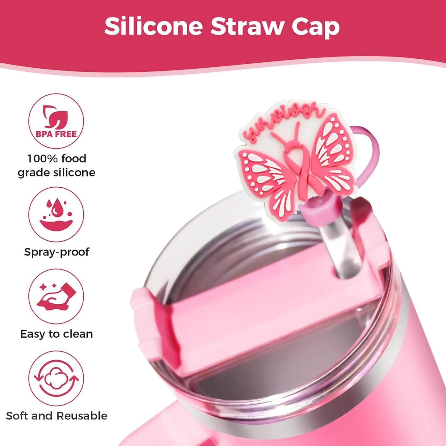 6PCS Pink Black Girl Straw Covers for Stanley Cup，Cute Silicone Straw Topper for 10mm Drinking Straw Tip Covers Stanley Cup Accessories