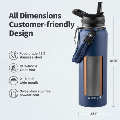 WixByti 40 oz Insulated Water Bottle with Straw (Cold for 36 Hrs), Stainless Steel Triple Wall Vacuum Sports Water Jug, Leakproof Hydro Cup Flask with Paracord Handle & Straw Spout Lids & DIY Stickers