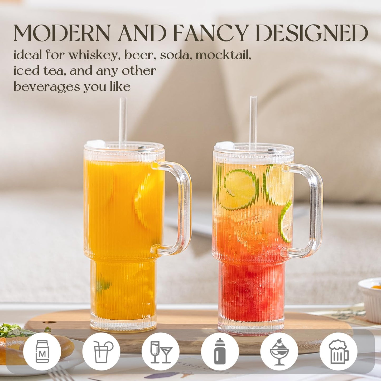 KEMORELA Large 26oz Clear Glass Mug with Handle and Sliding Lid – Aesthetic Ribbed Tumbler for Iced Coffee, Smoothies & Hot Drinks – Reusable Travel Cup with Straw, Dishwasher Safe (Ribbed Tumbler)