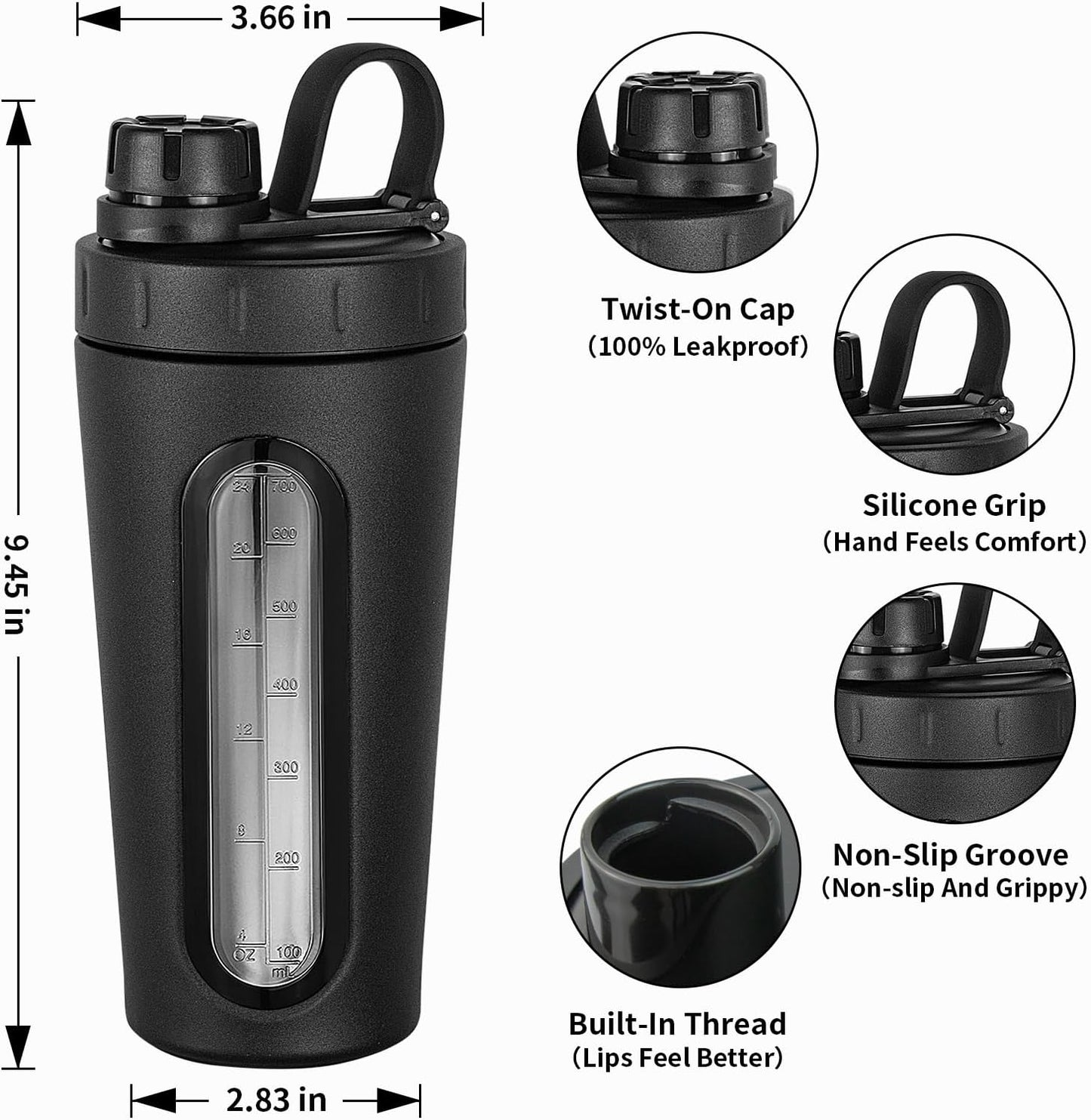 TOOFEEL Shaker Bottles for Protein Mixes 28 oz Stainless Steel Protein Shaker with 2 Mixing Ball, Not Stays Cold/Hot, Visible Window Metal Shaker Cups, Leakproof, BPA Free Bottle Shaker