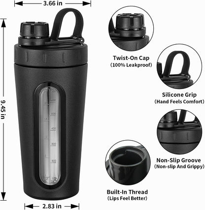 TOOFEEL Shaker Bottles for Protein Mixes 28 oz Stainless Steel Protein Shaker with 2 Mixing Ball, Not Stays Cold/Hot, Visible Window Metal Shaker Cups, Leakproof, BPA Free Bottle Shaker