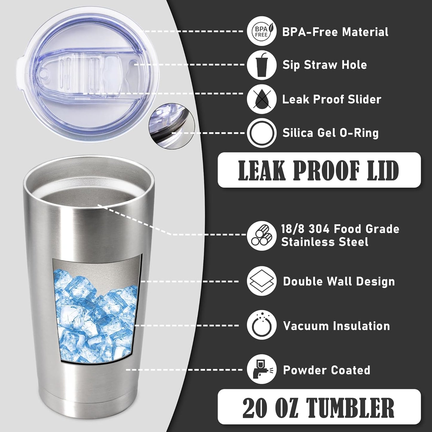20 oz Tumbler Coffee Travel Tumblers Bulk with Lid Stainless Steel Double Wall Vacuum Insulated Mug Powder Coated Cups fit Car Cupholder for Hot and Cold - Stainless Steel, 4Pack