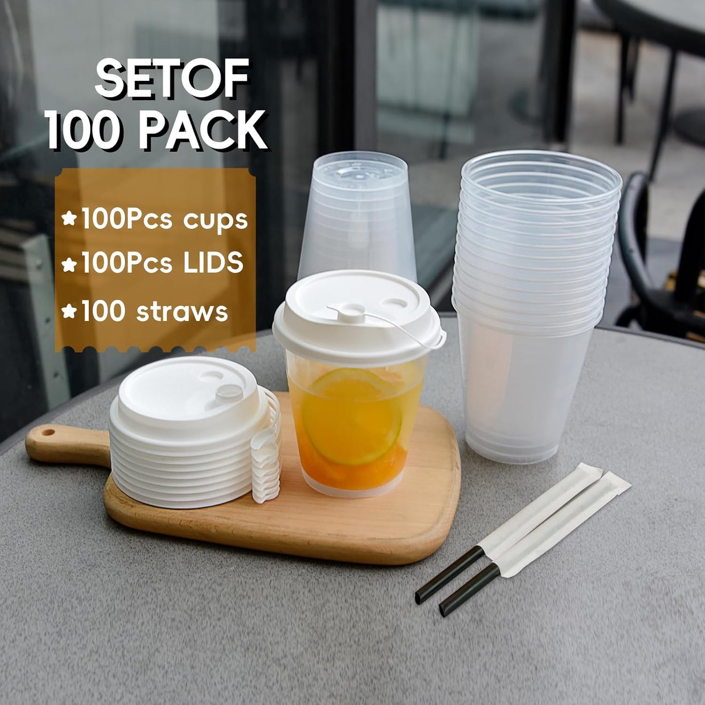 100 Sets Bulk Frosted Disposable Hard Plastic Cups With Straws Lids,90mm Disposable Bubble Boba Milk Tea ToGo Cups Cold Hot Plastic coffee Boba Tea Business TakeAway Supplies (16, ounces)