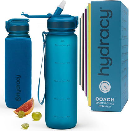 Hydracy Water Bottle with Time Marker -Large BPA Free Water Bottle & No Sweat Sleeve -Leak Proof Gym Bottle with Times to Drink - Ideal for Fitness Sports & Outdoors