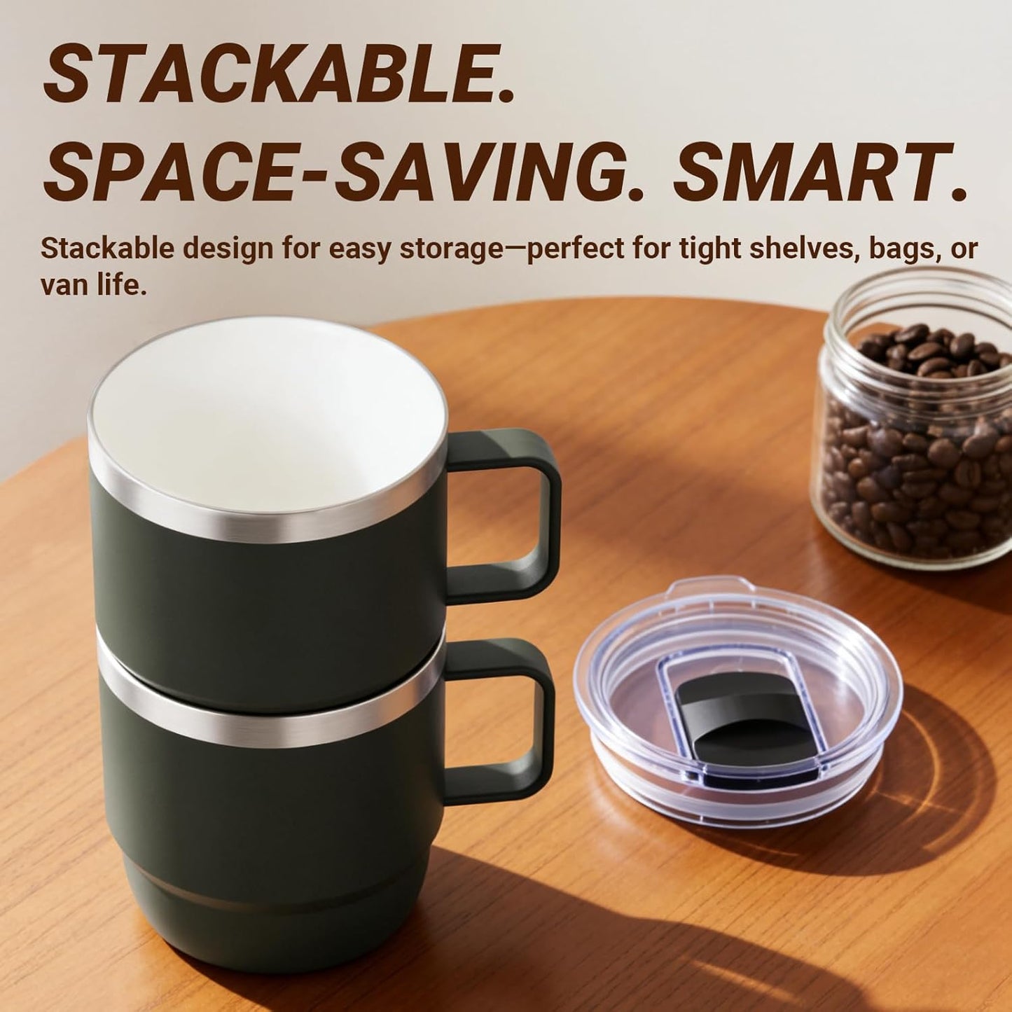 8 oz Small Coffee Mug with Magnetic Sliding Lid & Handle, Ceramic-Lined 18/8 Stainless Steel, Double-Wall Vacuum Insulated, Stackable, Dishwasher Safe, Mini Coffee/Tea Cup, 2 Pack, Black