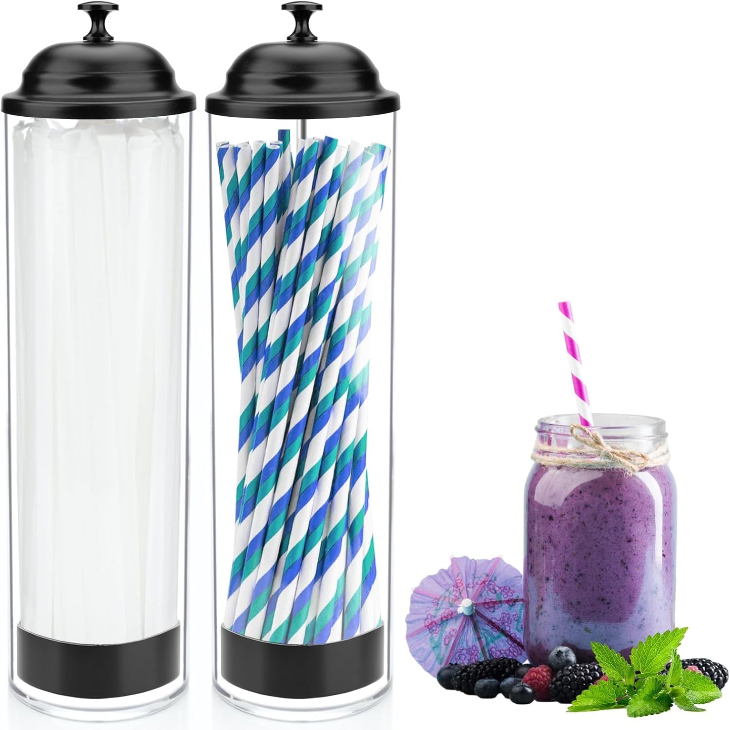 13.5 inch Straw Holder for Standard & Long Bended Size Drinking Straws, Acrylic Plastic Straw Dispenser with Lid, Black, Heavy Duty, 1 Piece
