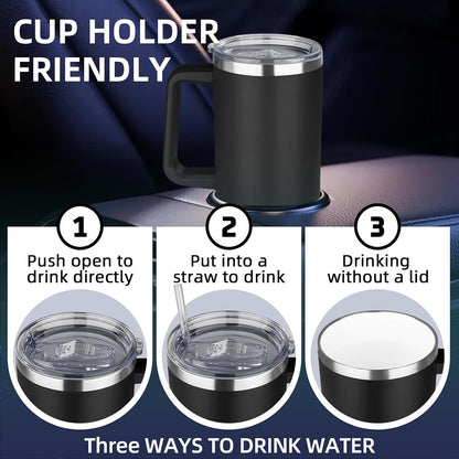20 oz Insulated Coffee Mug with Ceramic Coating, Stainless Steel Travel Mug Tumbler with Handle Lid and Straw, Double Wall Leak-Proof Coffee Travel Mug Keeps Drink Hot and Cold (Black)