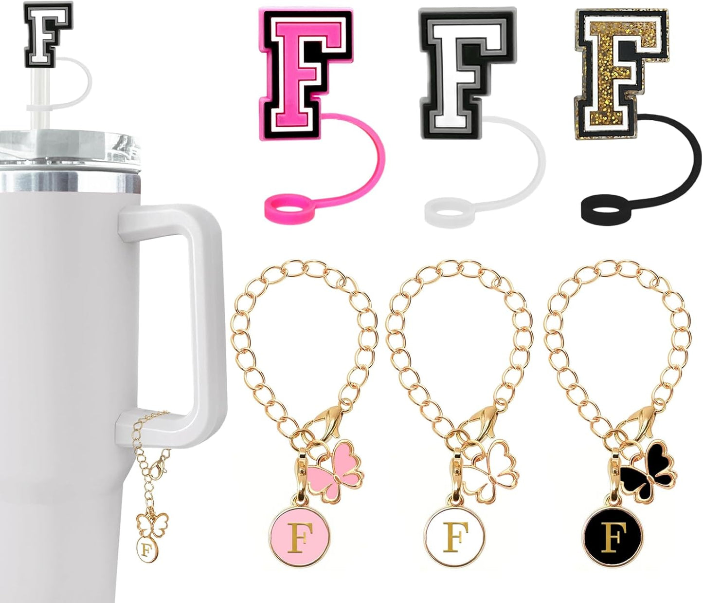 （3 +3) 3PCS Nuozme Straw Cover 10mm For Stanley Tumbler Cup Reusable Straw Cap Topper with 3 Initial Letter Charms Accessories Name ID Personalized Handle Charm For Stanley 30&40 Oz Cup Tumbler - Colors B