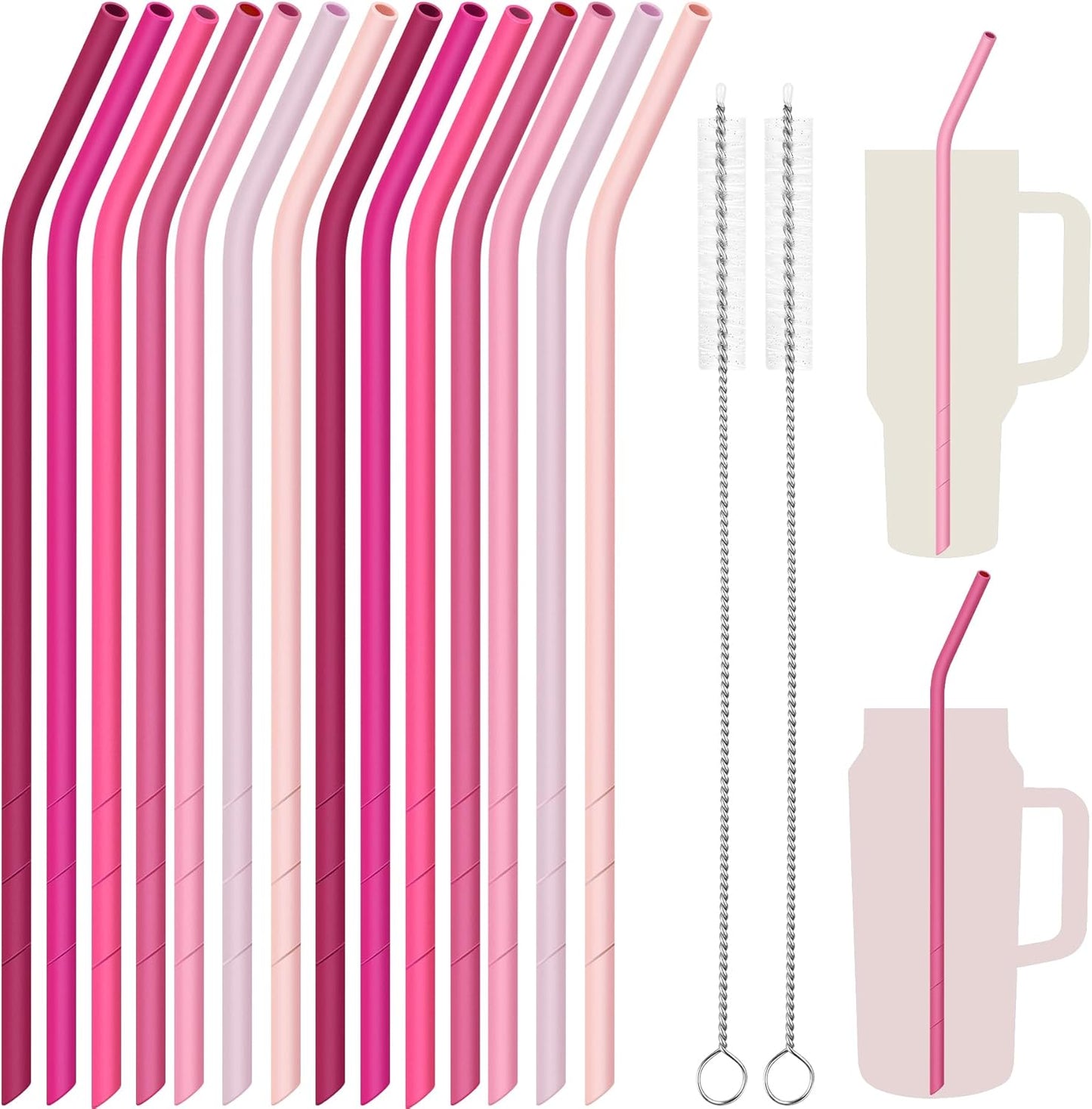 NiHome 14PCS Silicone Straws Fit for Stanley 40oz 30oz Tumbler, 14” Extra Long Reusable Drinking Straw, Flexible Can Cut Length for 1/Half Gallon 75 64 OZ Large Water Bottle - 2 Brushes (Rainbow)