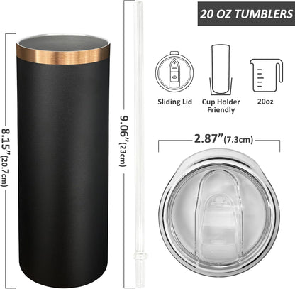 20 oz Skinny Tumblers Bulk, Stainless Steel Insulated Tumbler with Lids and Straws, Slim Double Wall Powder Coated Travel Coffee Mugs Reusable Cup for Hot Cold Drinks (Black,1 pack)