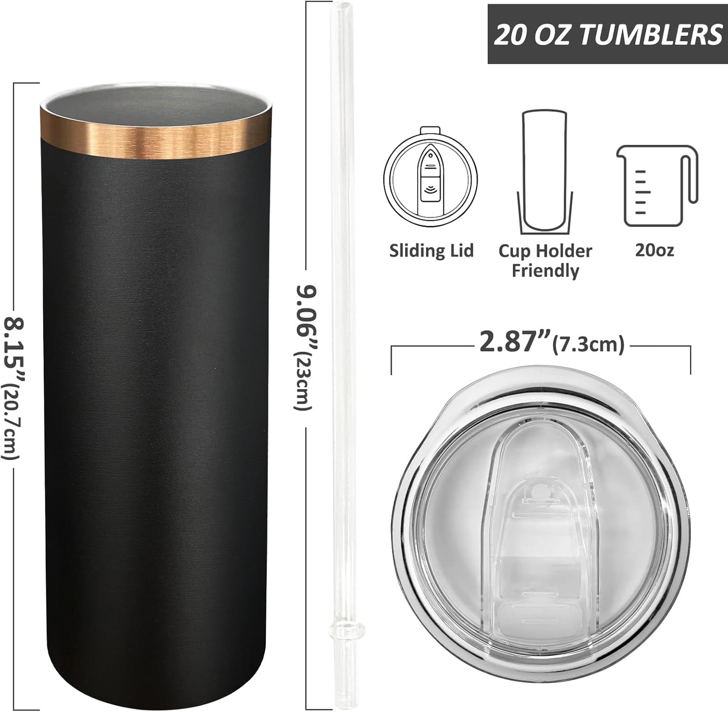 20 oz Skinny Tumblers Bulk, Stainless Steel Insulated Tumbler with Lids and Straws, Slim Double Wall Powder Coated Travel Coffee Mugs Reusable Cup for Hot Cold Drinks (Black,1 pack)